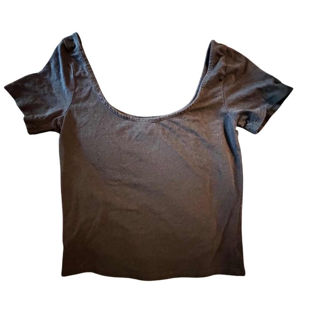 Destined Womens Black Scoop Neck Short Sleeve‎ Crop Top Size Medium Cotton Blend